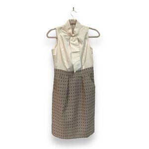 Ellen Tracy Dress Sz 4 Mod Style Vintage Sleeveless White Tan Pockets Diamond